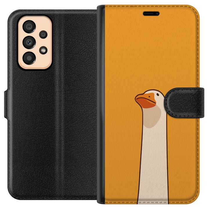 Kompatibelt Plånboksfodral till Samsung Galaxy A33 5G Minimalistisk gåsillustration på varm gul bakgrund – humoristisk djurdesign i modern och lugn c