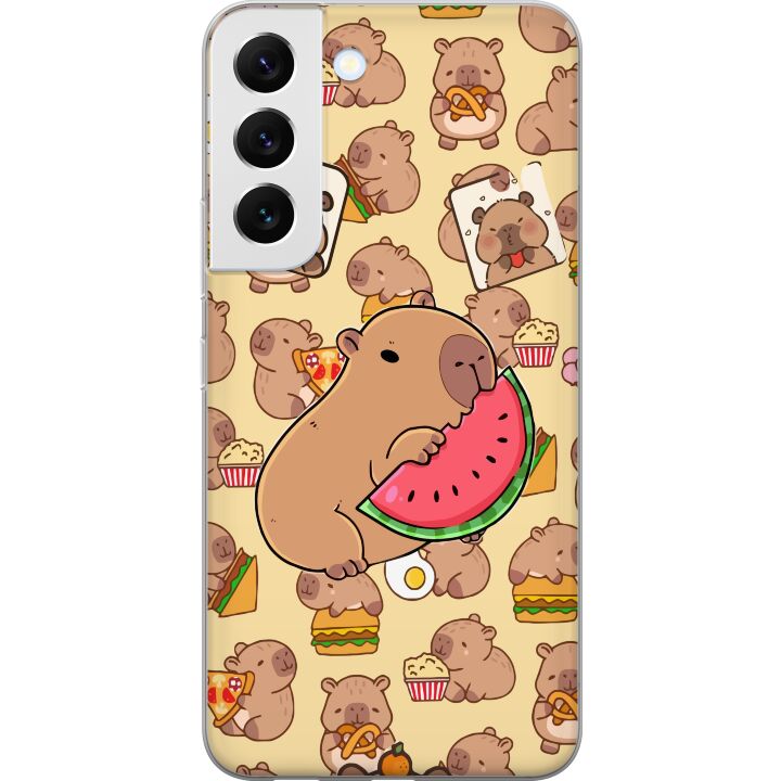 Kompatibelt Mobilskal till Samsung Galaxy S22 5G Capybara Snack Tid Söta capybaror njuter av vattenmelon pizza och popcorn i en varm och lekfull desi