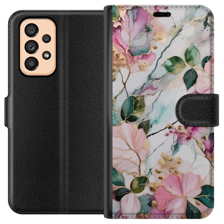 Kompatibelt Plånboksfodral till Samsung Galaxy A53 5G Pastellmarmor med blommor blad och subtila gyllene detaljer i mjuk komposition