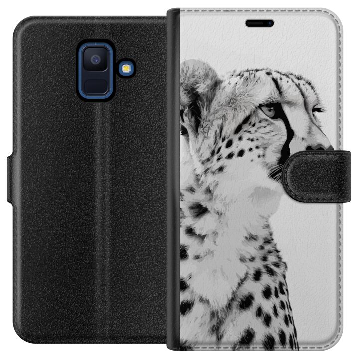 Kompatibelt Plånboksfodral till Samsung Galaxy A6 (2018) Stilren svartvit närbild av gepard med lugn blick, eleganta markeringar och ädelt uttryck so