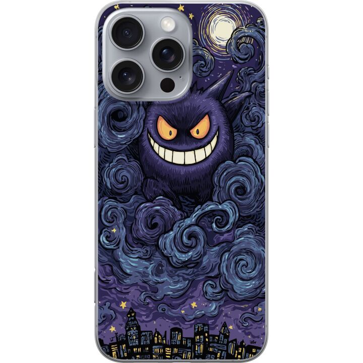 Kompatibelt Mobilskal till Apple iPhone 16 Pro Max Pokémon Gengarillustration - Mörkt motiv med stjärnhimmel och stadskonst