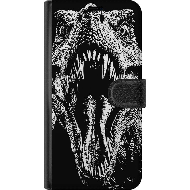 Kompatibelt Plånboksfodral till Samsung Galaxy A16 5G T-Rex vrål dinosaurie episk svartvit prehistoriskt djur intensivt vrål monster konst illustrati