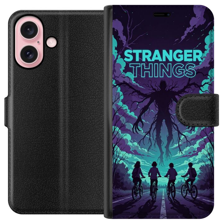 Kompatibelt Plånboksfodral till Apple iPhone 16 Stranger Things-inspirerad fantasyillustration med mörkt monster, cyklande barn och dramatisk röd him