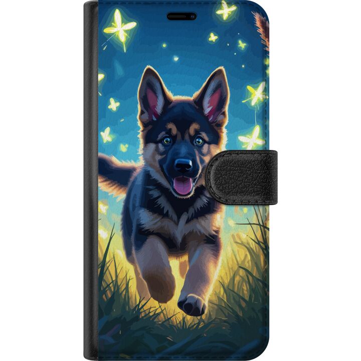 Kompatibelt Plånboksfodral till Samsung Galaxy A26 Valp tysk schäferhund affisch hund valp våräng fjärilar söt djur illustration natt konst
