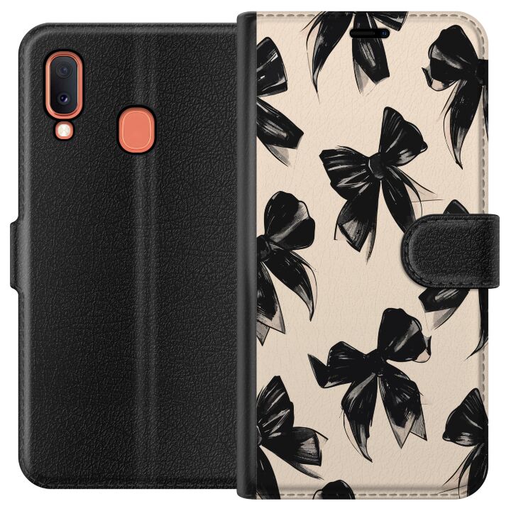 Kompatibelt Plånboksfodral till Samsung Galaxy A20e Svarta rosetter på beige bakgrund elegant tidlös design med mjuka kontraster och lyxig känsla