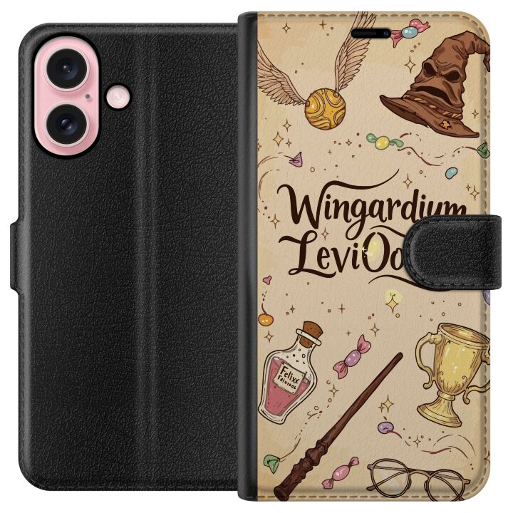 Kompatibelt Plånboksfodral till Apple iPhone 16 Harry Potter Wingardium Leviosa illustration - magiskt Harry Potter tema med trollstav, Snitch och ha