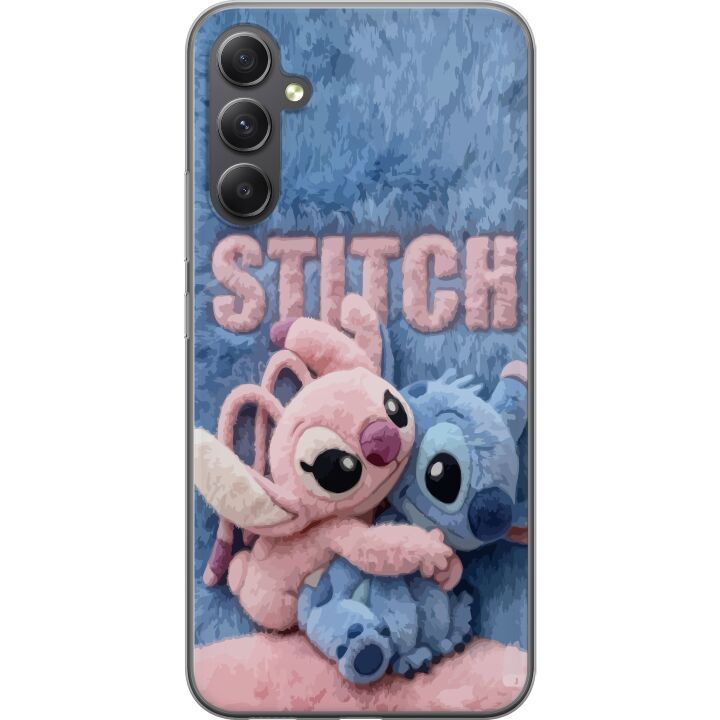 Kompatibelt Mobilskal till Samsung Galaxy A16 5G Fluffiga Stitch och Angel kramas på mjukt pälsigt underlag med pastellfärger som skapar varm gosig k