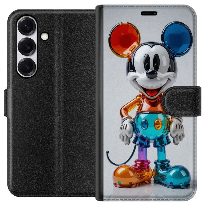 Kompatibelt Plånboksfodral till Samsung Galaxy S25 Färgglad Mickey figur futuristisk chrome glossy Disney pop art modern vibrerande karaktär motiv po