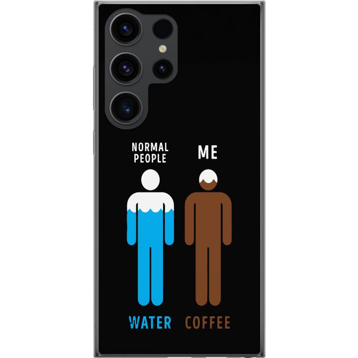 Kompatibelt Mobilskal till Samsung Galaxy S24 Ultra Lugn minimalistisk illustration med text "vanliga människor vattnar mig kaffe" perfekt för kaffeä