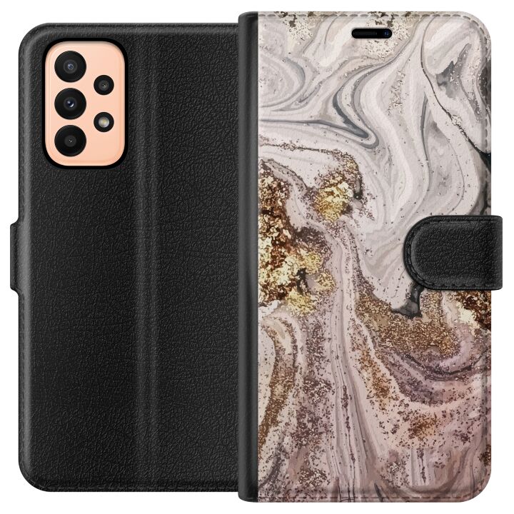 Kompatibelt Plånboksfodral till Samsung Galaxy A23 Beige marmor med guldglitter struktur, elegant design med lyxig känsla, perfekt för modern stil.