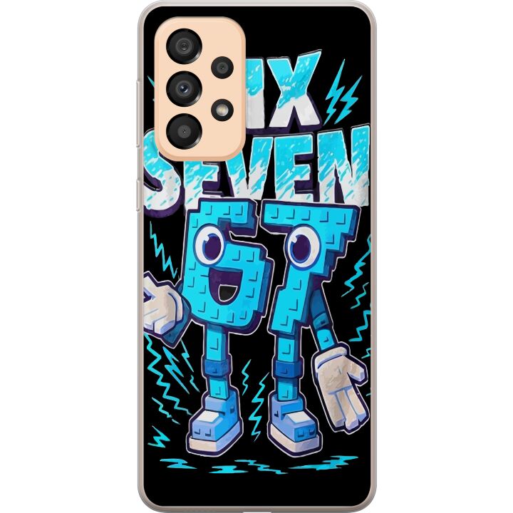 Kompatibelt Mobilskal till Samsung Galaxy A33 5G Lively blue Six Seven illustration in retro arcade style with bold typography and gaming feel.