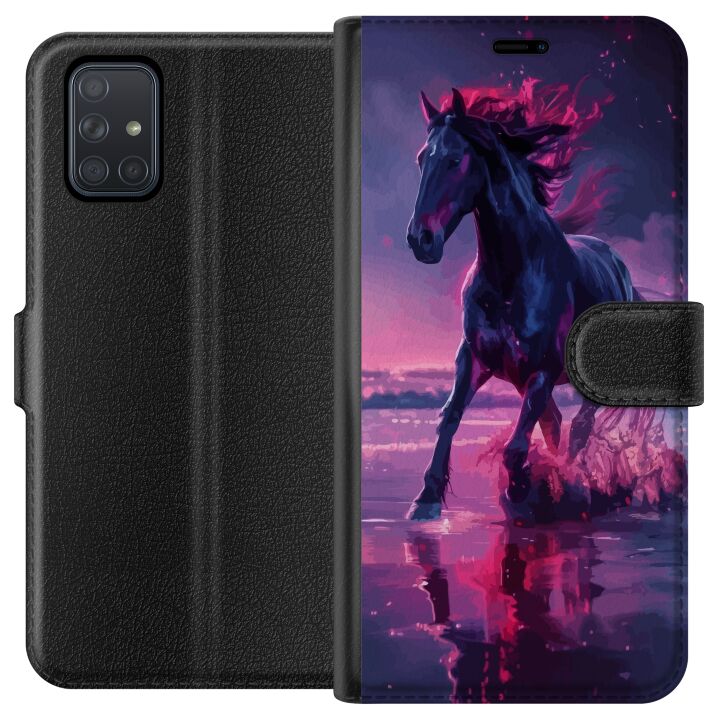Kompatibelt Plånboksfodral till Samsung Galaxy A71 Elegant svart häst som springer genom vatten i lila och rosa ljus med magisk känsla.
