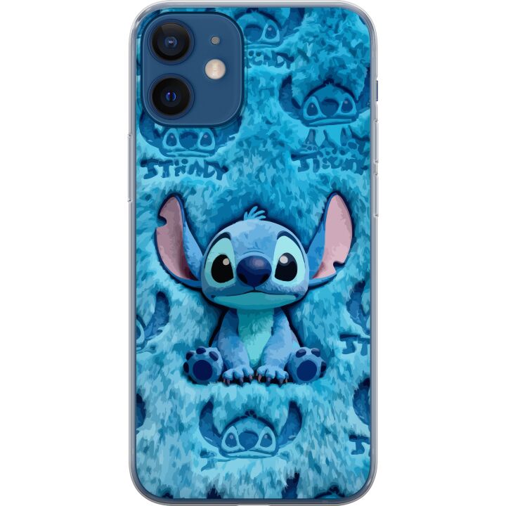 Kompatibelt Mobilskal till Apple iPhone 12 mini Stitch sitter på fluffigt blått mönster med sitt ansikte och öron upprepade som textur vilket skapar