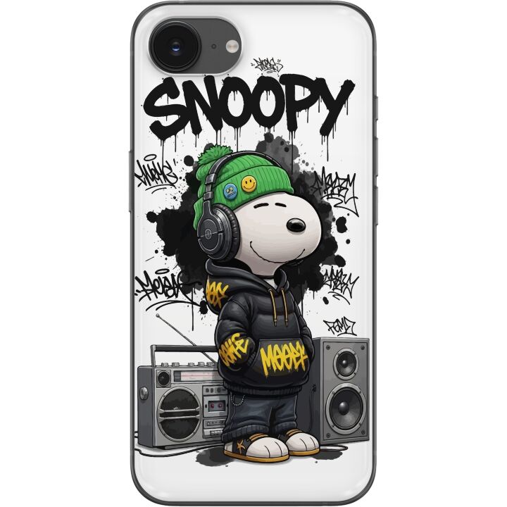 Kompatibelt Mobilskal till Apple iPhone 16e Snoopy i streetwear med hörlurar och graffitistil står bredvid en boombox och ler stort, ett urbant moder