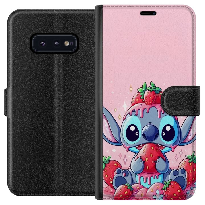 Kompatibelt Plånboksfodral till Samsung Galaxy S10e Stitch Jordgubbe Kärlek sött motiv med blå figur och jordgubbar i rosa pastelltema