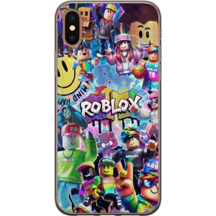 Kompatibelt Mobildeksel til Apple iPhone XS Stor og fargerik Roblox-verden fylt med karakterer, bevegelse og energi, leken spillillustrasjon perfekt