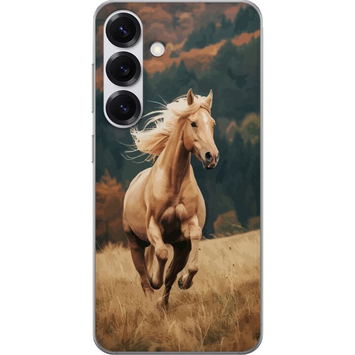Kompatibelt Mobilskal till Samsung Galaxy S25 Elegant häst som springer över höstfält med vackra färger och naturkänsla kraftfull detaljrik illustrat
