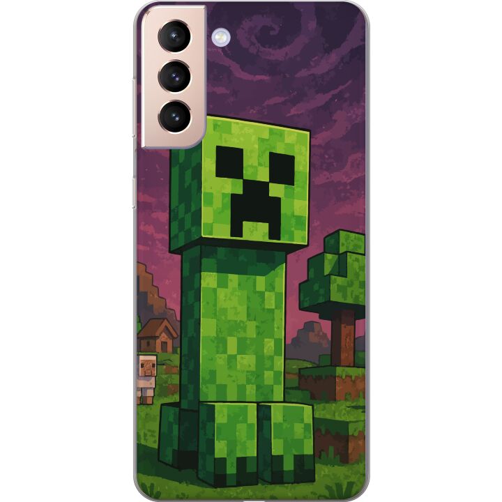 Kompatibelt Mobilskal till Samsung Galaxy S21 Blockig grön figur i pixlad fantasivärld med träd hus och djur i retro spelmiljö