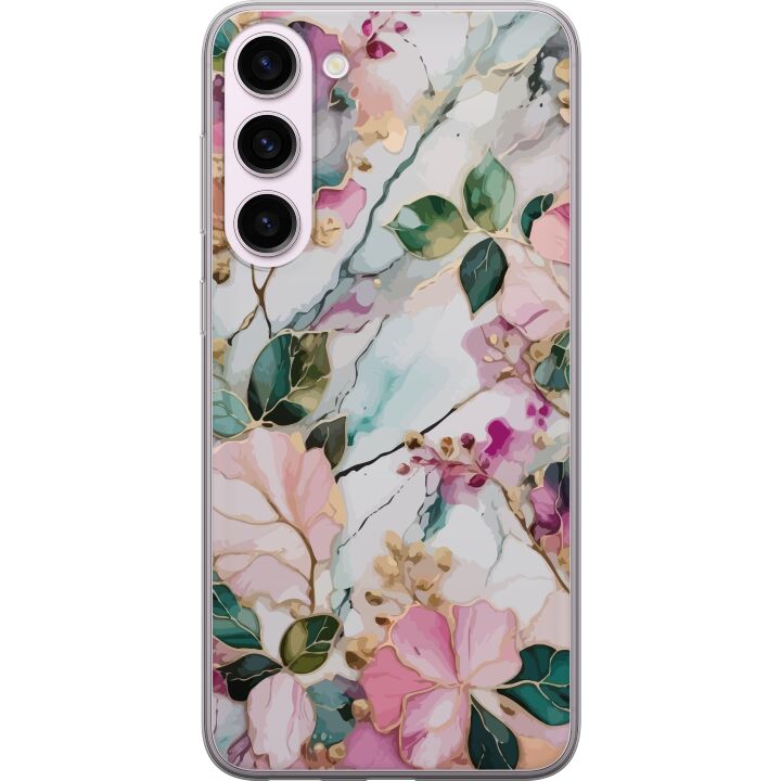 Kompatibelt Mobilskal till Samsung Galaxy S23+ Pastellmarmor med blommor blad och subtila gyllene detaljer i mjuk komposition