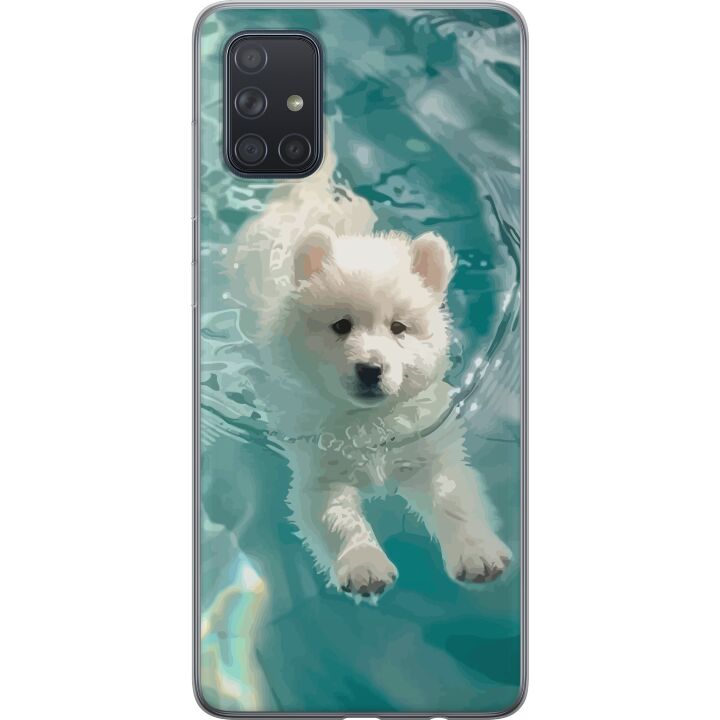 Kompatibelt Mobilskal till Samsung Galaxy A71 Hundvalp i Vatten Vit Hund Simbassäng Blå Turkos Sommartema Söt Djur Illustration Design Konst
