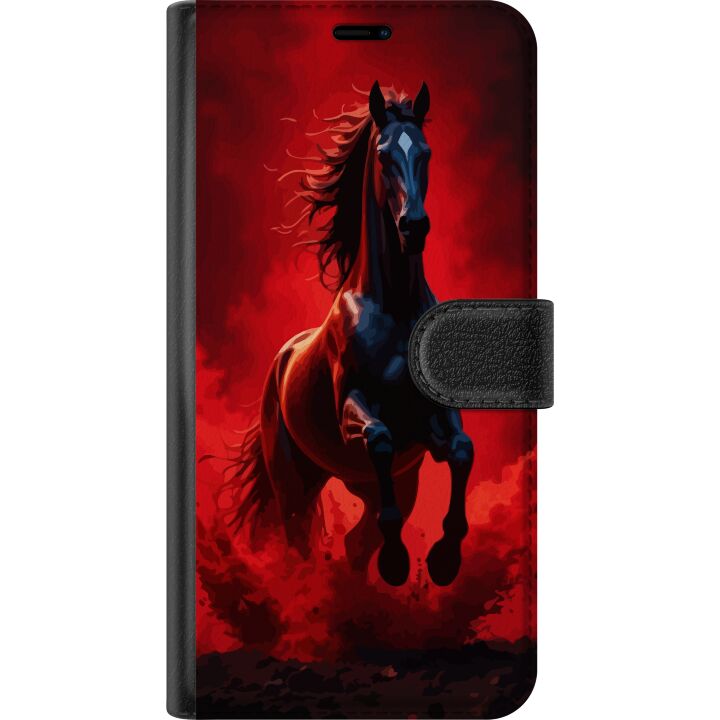 Kompatibelt Plånboksfodral till Samsung Galaxy Xcover7 Kraftfull svart häst i röda moln och damm med dramatisk belysning