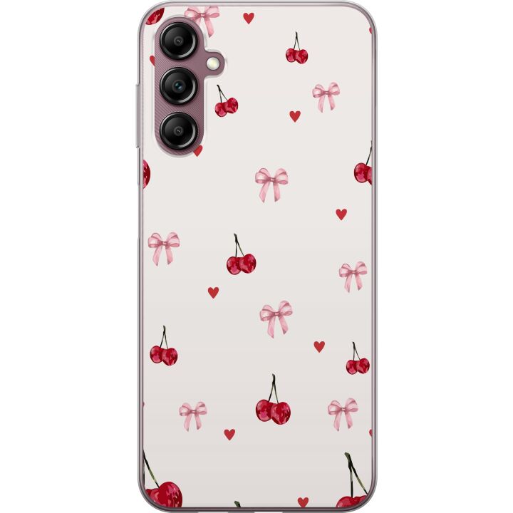 Kompatibelt Mobilskal till Samsung Galaxy A14 5G Körsbärshjärtan och rosetter med körsbärrosa band och hjärtan i charmig och gullig design