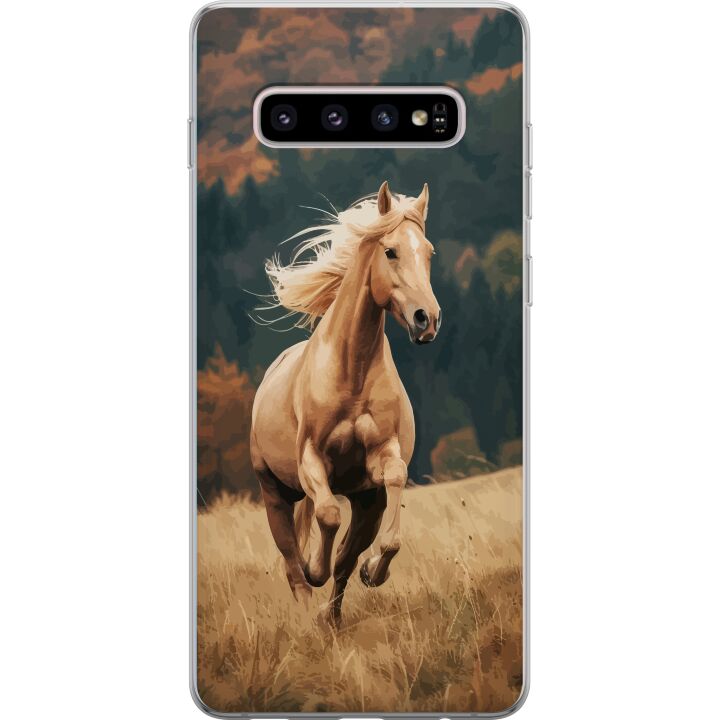 Kompatibelt Mobilskal till Samsung Galaxy S10+ Elegant häst som springer över höstfält med vackra färger och naturkänsla kraftfull detaljrik illustra