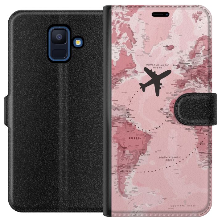 Kompatibelt Plånboksfodral till Samsung Galaxy A6 (2018) Resa och äventyr design med flygplan över rosa världskarta