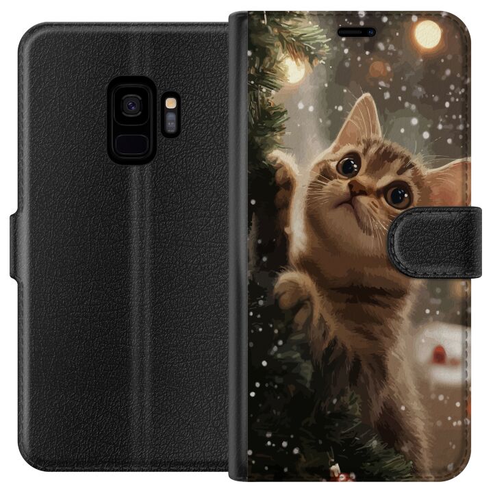 Kompatibelt Plånboksfodral till Samsung Galaxy S9 Katt som klättrar i julgran med snöfall mysig vinterdesign perfekt för katt och julälskare