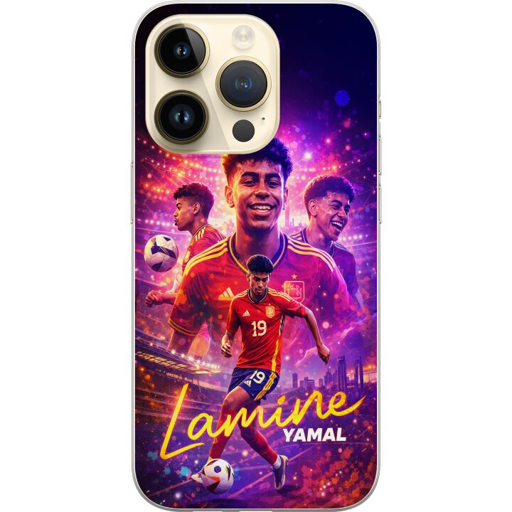 Kompatibelt Mobilskal till Apple iPhone 14 Pro Lamine Yamal fotbollsposter i spansk landslagströja med fartfylld action, färgstark sportillustration
