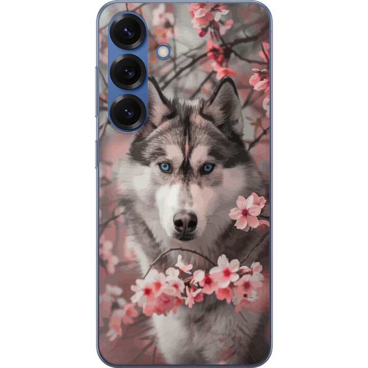 Kompatibelt Mobilskal till Samsung Galaxy S25+ Sibirisk Husky affisch hund blå ögon körsbärsblommor varg natur djur blommor söt retro design