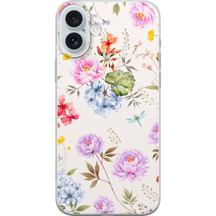 Kompatibelt Mobilskal till Apple iPhone 16 Plus Blommigt mönster med handmålade blommor, fjärilar och insekter i romantisk skandinavisk stil, dekorat