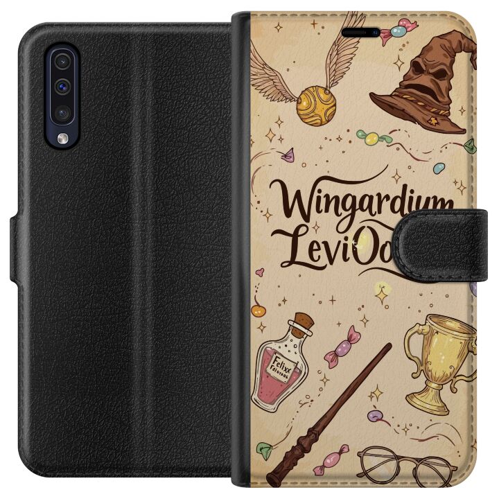 Kompatibelt Plånboksfodral till Samsung Galaxy A50 Harry Potter Wingardium Leviosa illustration - magiskt Harry Potter tema med trollstav, Snitch och