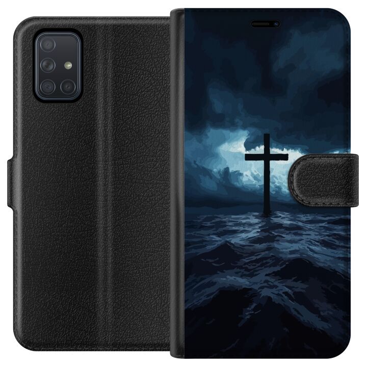 Kompatibelt Plånboksfodral till Samsung Galaxy A71 Kors i stormigt hav dramatisk kristen tavla med kors och vågor religiöst motiv ocean himmel faith