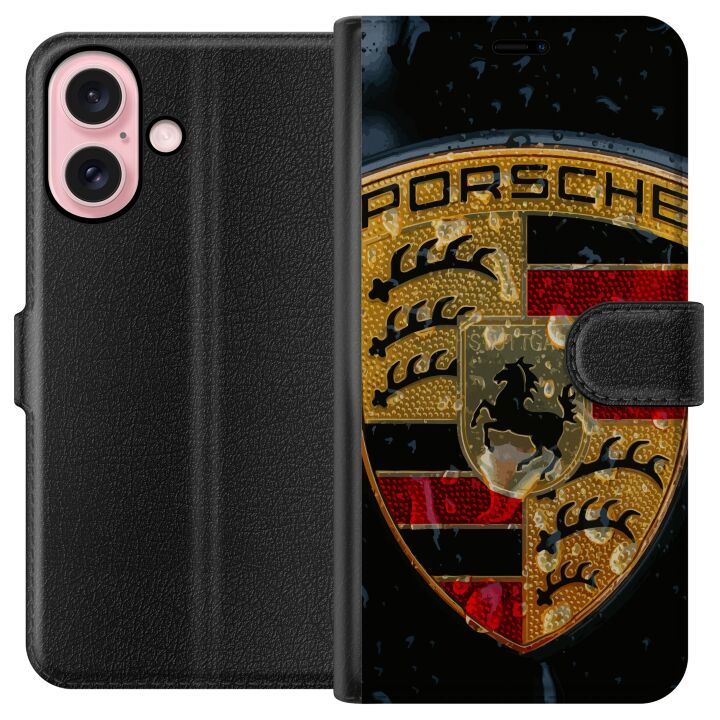 Kompatibelt Plånboksfodral till Apple iPhone 16 Porsche emblem affisch lyxbil emblem sportbil logotyp Stuttgart klassisk retro design bilvarumärke ko