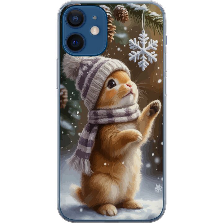 Kompatibelt Mobilskal till Apple iPhone 12 mini Vinterkanin med mössa och halsduk beundrar snöflinga charmigt vintermotiv fyllt med julkänsla