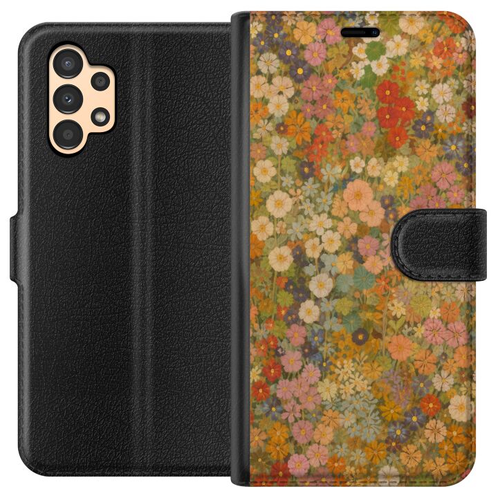 Kompatibelt Plånboksfodral till Samsung Galaxy A13 Blomsteräng i varma toner med en nostalgisk målarkänsla