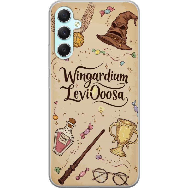 Kompatibelt Mobilskal till Samsung Galaxy A34 Harry Potter Wingardium Leviosa illustration - magiskt Harry Potter tema med trollstav, Snitch och hatt
