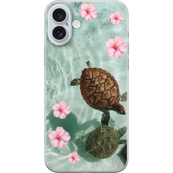 Kompatibelt Mobilskal till Apple iPhone 16 Plus Sköldpaddor och hibiskus tropisk design med blommor och vatten, lugn semesterkänsla inspirerad av hav