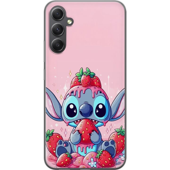 Kompatibelt Mobilskal till Samsung Galaxy A15 5G Stitch Jordgubbe Kärlek sött motiv med blå figur och jordgubbar i rosa pastelltema