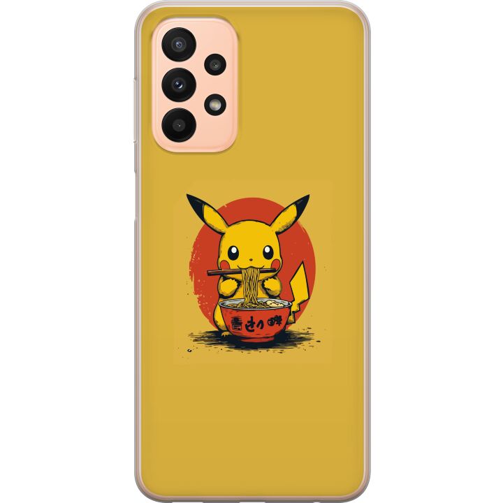 Kompatibelt Mobilskal till Samsung Galaxy A23 5G Pikachu som äter ramen i japansk animeinspirerad stil mot gul bakgrund, ett roligt modernt motiv för