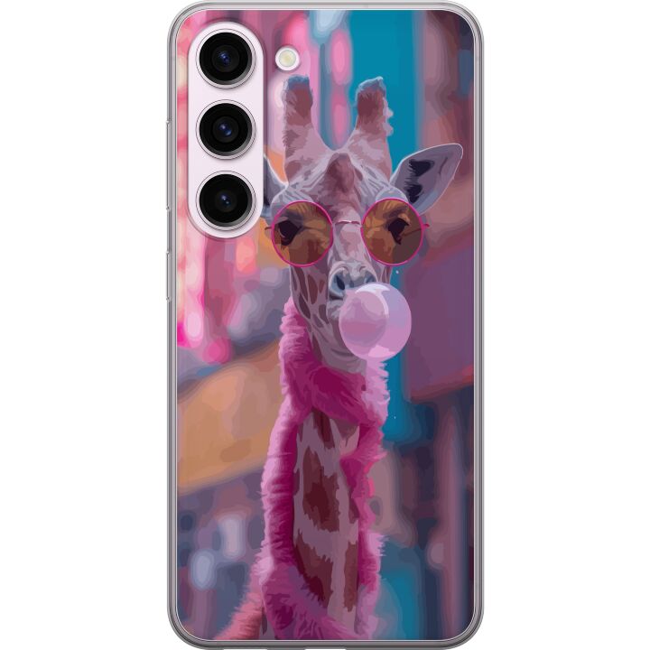 Kompatibelt Mobilskal till Samsung Galaxy S23 Giraff med bubbelgum, rolig färgstark design i stadsmiljö, popkonststil med lekfull energi, humor och k