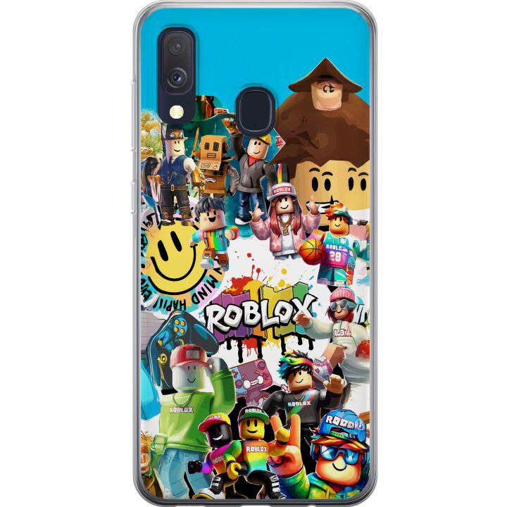 Kompatibelt Mobilskal till Samsung Galaxy A40 Roblox Party färgglatt motiv med spelkaraktärer och gamingenergi för alla fans