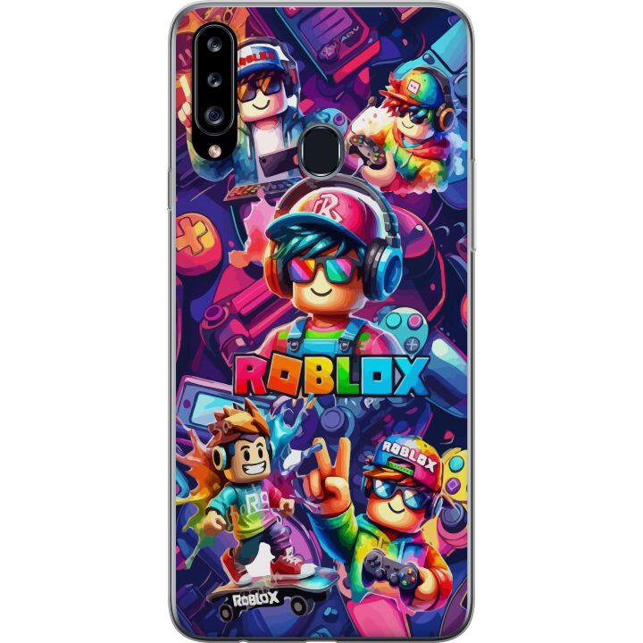 Kompatibelt Mobilskal till Samsung Galaxy A20s Färgstark Roblox-gaminggrupp med hörlurar och neonfärger för barn och spelintresserade