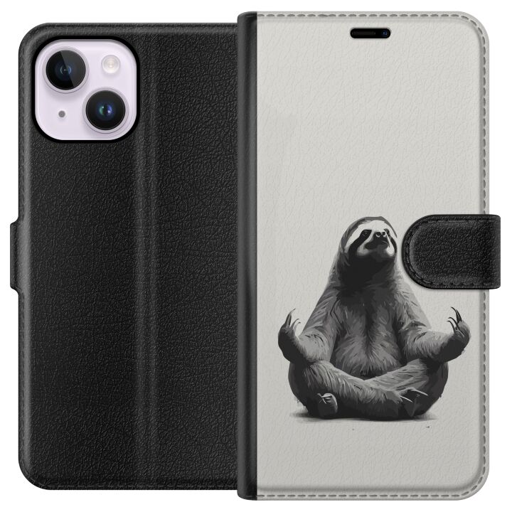 Kompatibelt Plånboksfodral till Apple iPhone 15 Plus Sengångare i meditation, charmig rofylld design som kombinerar humor, avslappning och söt esteti