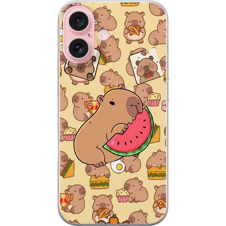 Kompatibelt Mobilskal till Apple iPhone 16 Capybara Snack Tid Söta capybaror njuter av vattenmelon pizza och popcorn i en varm och lekfull design som