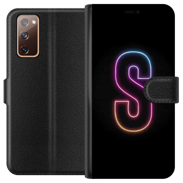 Kompatibelt Plånboksfodral till Samsung Galaxy S20 FE Neonbokstav S i rosa och blå toner mot mörk bakgrund i retrofuturisk design