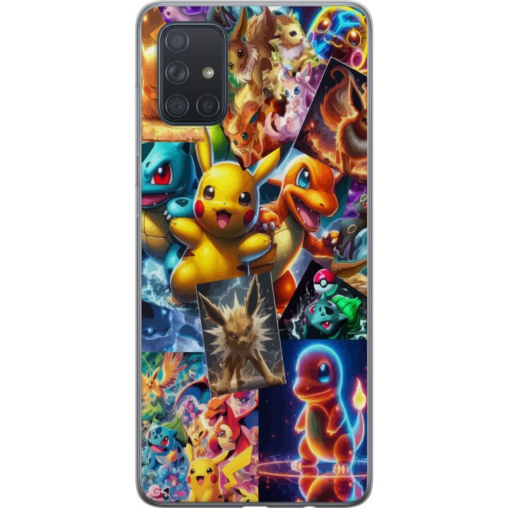 Kompatibelt Mobilskal till Samsung Galaxy A71 Pokémon illustration - Pikachu, Eevee och Charmander i färgstark design