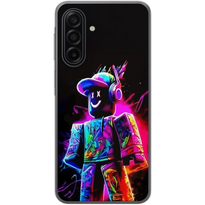 Kompatibelt Mobilskal till Samsung Galaxy A17 5G Roblox Neon Player Färgstark Robloxkaraktär i neonfärger mot svart bakgrund i modern spelstil