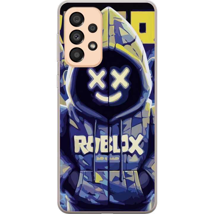 Kompatibelt Mobilskal till Samsung Galaxy A33 5G Blå-gul Roblox-inspirerad huvtröjekaraktär med mask och minimalistisk neonstil, stilren spelillustra